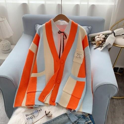 2021 Autumn Women Color Patch Knitted Cargidans Tops Long Sleeve Women V-Neck Cardigans Pink Color Sweater Cape