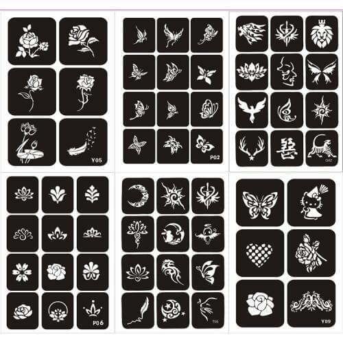 60pcs Glitter Tattoo Stencil Rose Butterfly Flower Plantillas Tatuajes Henna Body Arm Leg Airbrush Stencil Pochoir Tatouage