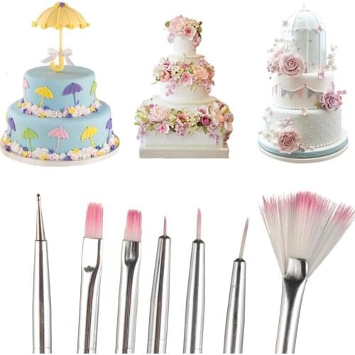 7PCS DIY Fondant Cake Brush Decorating Painting Dusting Promotion Icing Pastry Bakeware Pen Brush Mold Decal Sugarcraft Tool