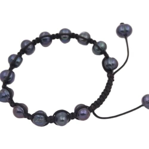 9mm-10mm Oval Growth Pearl Stone handmade Black Rope Bracelet 7-9" Adjustable