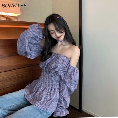 Blouses Women Plaid Long Sleeve Korean Style Fashion Slash Neck Loose All-match Spring Vintage Casual Ulzzang Students Chic New