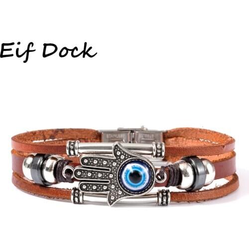 Eif Dock Multilayer Leather Bracelet Blue Turkish Eye Charm Bracelet Fashion Handmade Jewelry for Women Men Punk Gift