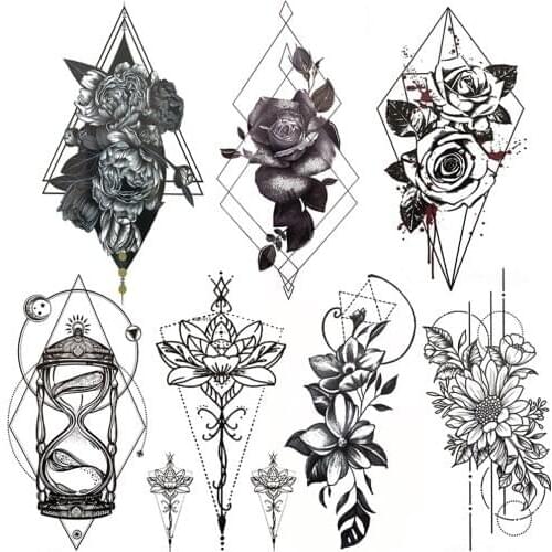 Geometric Camellia Temporary Tattoo For Women Men Black Rose Flower Tattoos Sticker Lotus Peony Fake Tatoos Body Art Arm Chest