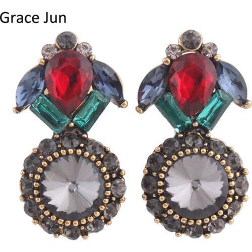 Grace Jun new Black Vintage Bohemia Style Round Clip Earrings No Pierced for Women Luxury Crystal Rhinestone Clip Earrings