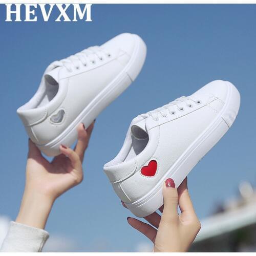HEVXM 2019 Autumn Woman Shoes Fashion New Woman PU Leather Shoes Ladies Breathable Cute Heart Flats Casual Shoes White Sneakers