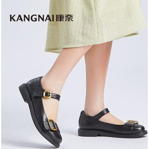 KANGNAI Women Shoes Genuine Leather Mary Jane Metal Buckle Flats Lolita Shoes Ladies