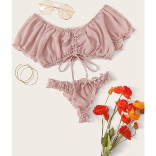 2021 Sexy V-neck Lingerie Set Ruffles Ruched Mesh Sheer Tops and Lace Up Panties See-through Lingeries for Honeymoon Exotic Set