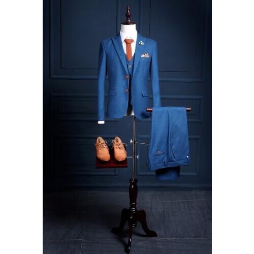 Latest Coat Pant Design Blue Tweed Men Suit Slim Fit 3 Piece Suits Skinny Gentle Tuxedo Custom Groom Prom Blazer Terno Masculino