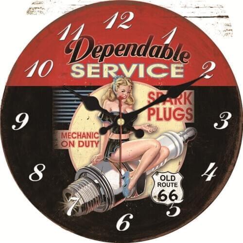 Wall Clock Retro Vintage Spark Pluss Mechanic On Duty Red Round 14inch Wall Clock Old Route 66 Sex Women Sit On Bulb Large Clock