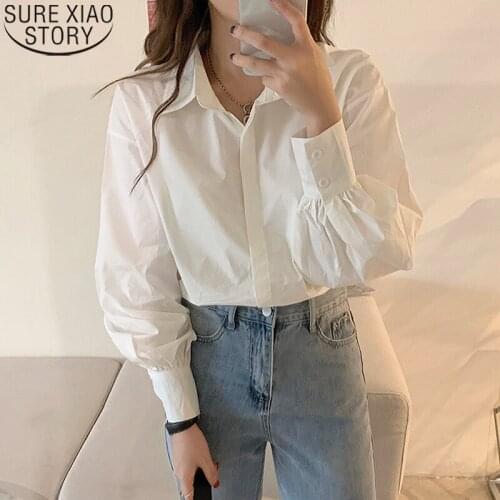 New White Blouse Cotton Shirts Women Tops Autumn Long Lantern Sleeve Shirt Office Lady Korean Fashion Loose Shirt Blusas 17198
