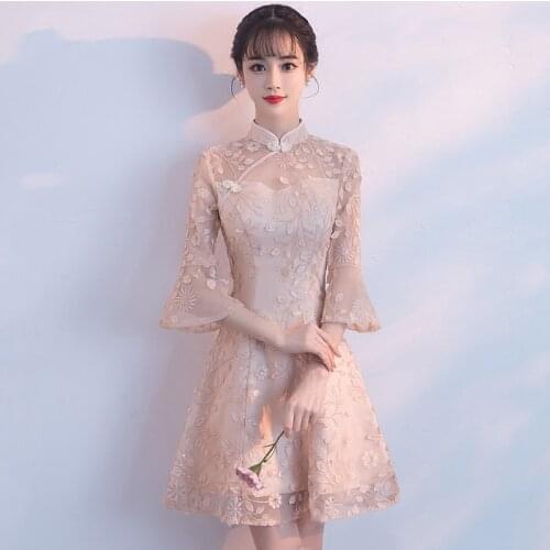 New Chinese Style High Neck Short Evening Dresses Women Elegant Lace Floral Party Dress Middle Length Cheongsam Zipper Back
