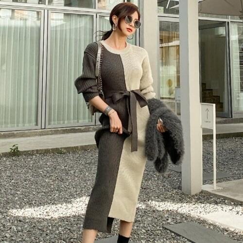 New arrival fashion women bodycon dress temperament o-neck stitching slim asymmetric midi dress ladies knitting wild dress