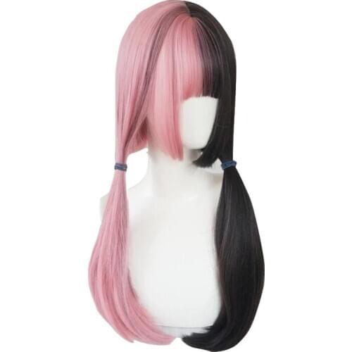 24inches 60cm Pink and Black Lolita Wig Halloween Straight Cosplay Wig with Bangs Heat Resistant Synthetic Hair + Wig Cap