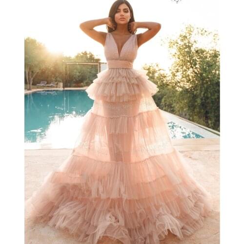 Vestido De Festa See Thru Peach Ruffles Tiered Tulle Prom Gowns 2020 A-line Sequined Long Formal Party Dresses Women Summer