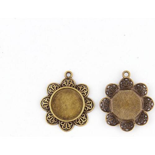 Fit 20mm Round Flower Antique Bronze Pendants Setting Cabochon Cameo Base Tray Bezel Blank DIY Jewelry Findings