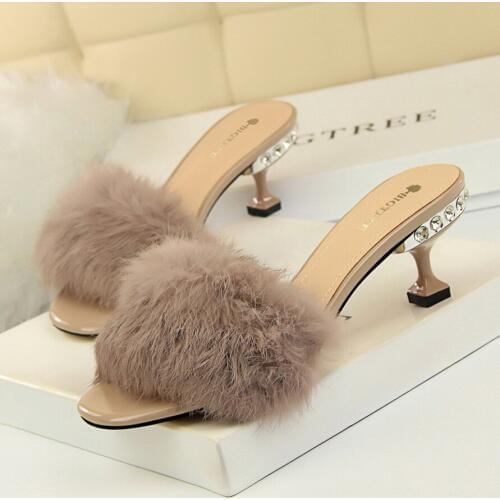 Half Slippers Rhinestone Fine Heels Rabbit With A Word With Cool Slippers High Heel Cool Tow Girl