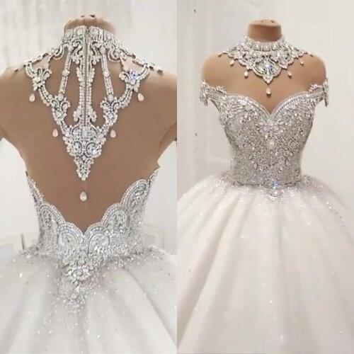 Luxury Ball Gown Wedding Dresses With Sheer Neck Cap Sleeves Beads Crystal Neck High Wedding Gowns Sexy Back Zipper robe de mari