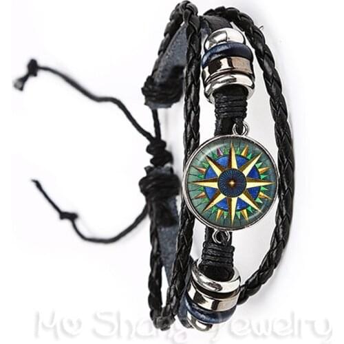 Steampunk Compass Pattern Glass Cabochon Bracelet Vintage Braided Black/Brown 2 Color Leather Bracelet Travel Lover Gift