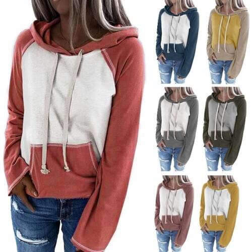 Women Autumn Sweatshirt Oversized Hoodie Casual Hooded Drawstring Contrast Color Splicing Long Sleeve Pullover Pocket Hoodie Top