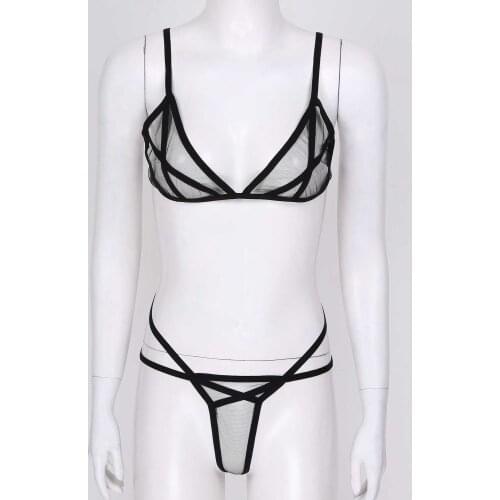 Womens See-Through Exotic Apparel Mesh Strappy Siss Lingerie Sets Exotic Underwear Sleepwear Wireless Unlined Bras with G-string
