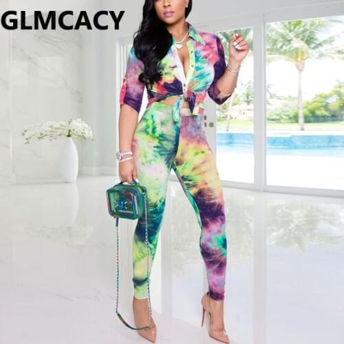 Women Abstract Printed Two Piece Suits Long Sleeve Button Shirt Top and Long Pants Set