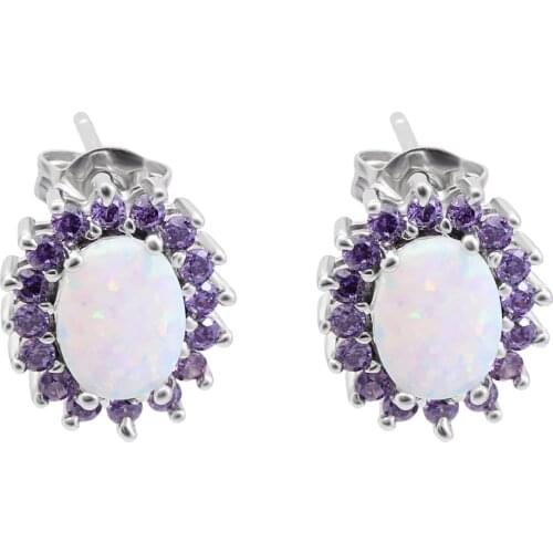 Beautiful Flower Luxury White Fire Opal Earring For Women Purple Zirconia CZ Oval Silver Color Stud Earring Wedding Jewelry Gift