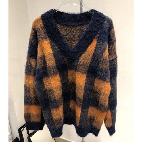 Women V-neck Plaid Sweaters Top Long Sleeve Loose Casual 2021 Spring New Jumper