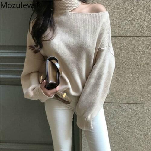 Mozuleva 2019 Casual Solid Female Sweater Jumpers Vestidos Turtleneck Off-the-shoulder Loose Women Knitted Pullover Winter Femme