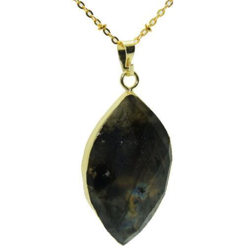 1pc Deep Brown Faceted labradorite stone oval pendant chain necklace gold plating natural labradorite pendant necklace women