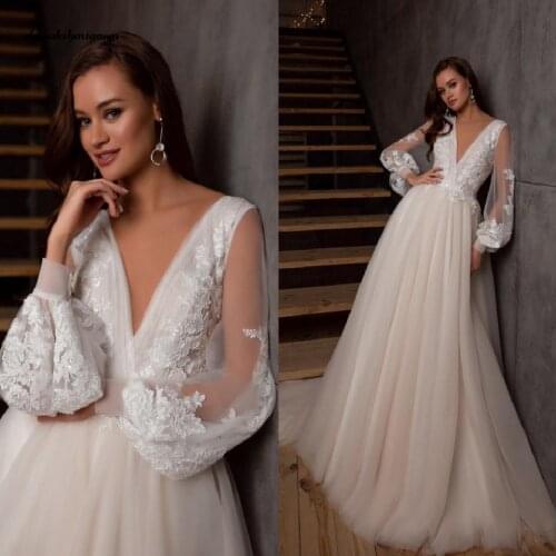 Vestidos Sexy Bridal Deep V-neck Boho Wedding Dresses 2020 Light Champagne Long Sleeve Wedding Gowns Open Back Brautkleid