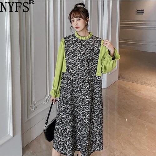 NYFS Spring Summer Dress 2021 Korean New Long Sleeve Woman Dress Vestidos Robe Elbise Loose Floral corduroy Fake two Long Dress