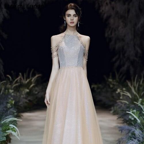 Gold Halter Beading Pearls A-Line Evening Dresses 2020 Sleeveless Sexy Tulle Formal Dress LE40726