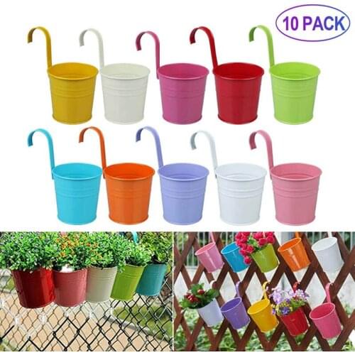 10PCS Metal Hanging Flower Pots Hook Wall Candy Color Garden Planter Bucket For Balcony Flower Basket Home Decor Plants Pot