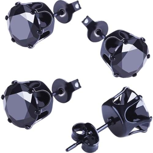 Men Women Stainless Steel Black Round Cubic Ear Studs Earrings 3mm-8mm 6 Pairs