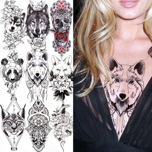 Tribal Wolf King DreamCatcher Temporary Tattoo For Women Black Panda Cat Snake Skull Tatoo Sticker Geometry Fake Adults Tattoo