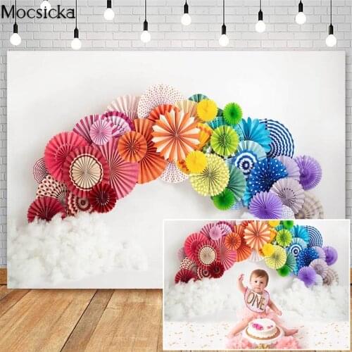 Kids Cake Smash 1st Birthday Photography Backdrops Colored Paper Flowers White Cotton Decorations Backgrounds for Photo Studio