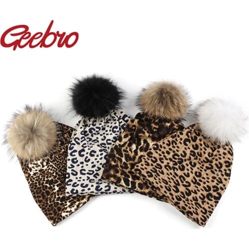 Geebro Women Cotton Dot Leopard Print Beanies For Lady Fashion Brand Soft Warm Slouch Skullies Hats with 15cm Raccoon Fur Pompon