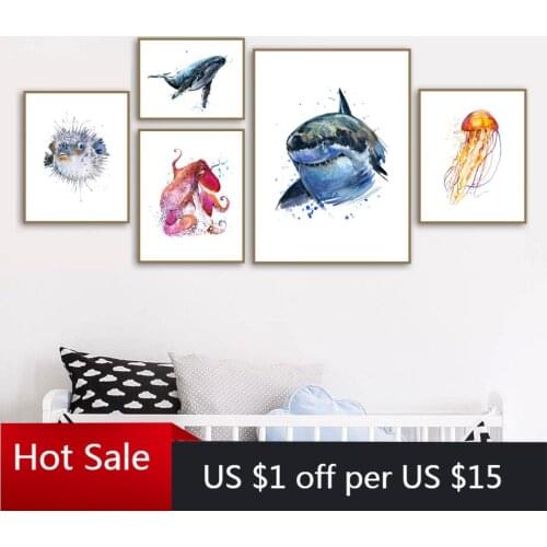 Whale Shark Jellyfish Octopus Dolphin Fish Nordic Prints Art Canvas Painting Wall Decor Pictures Baby Kids Posters Room Decor