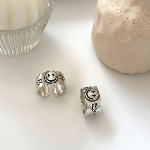 Origin Summer Unique Design Silver Color Open Smile Face Ring for Women Minimalist Wide Adjustable Ring Party Jewellery Gifts