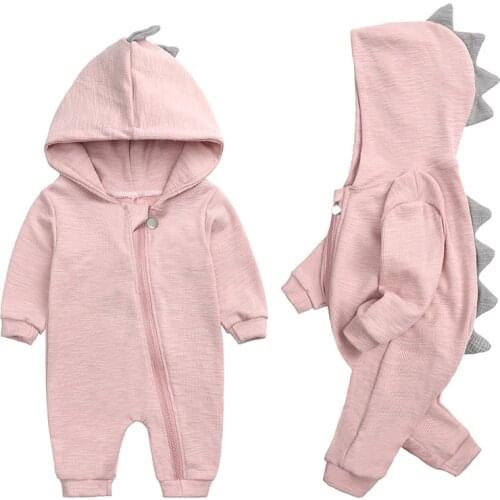 New Fashion Unisex Baby Boy Girl Zipper Hooded Romper 0-18M Long Sleeve Solid Color Cute Dinosaur Jumpsuit Baby Clothing