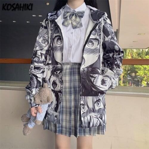 KOSAHIKI Vintage Sweatshirt Women Fashion Japanese Cartoon Clothes Hoodies Women Korean Zip Up Hoodie Harajuku Jackets Coat