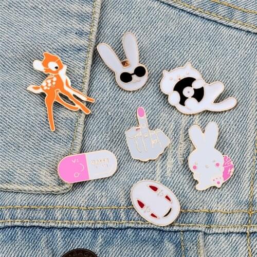 Creative Cute Enamel Pins Gesture Anime Deer Rabbit Brooches Fashion Metal Custom Jewelry Lapel Denim Hat Badges Gift for Friend
