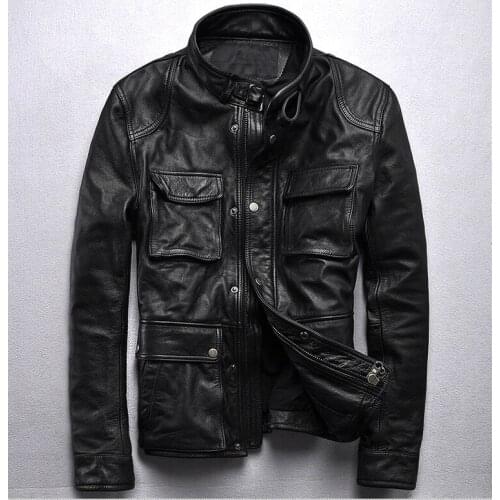 Mens Genuine Leather jacket youth style Cowhide locomotive short coat Stand collar Slim autumn winter clothing black