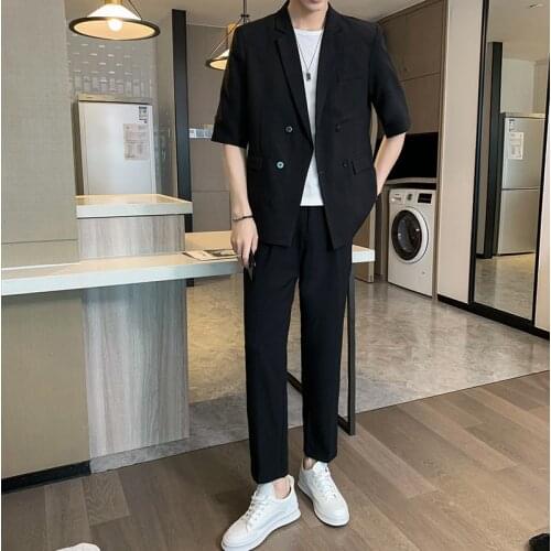 Men Suits Double Breasted 2021 Latest Design Four Button Groom Wedding Tuxedos Half Sleve Formal 2 Pieces Summer Suit Sets XXL