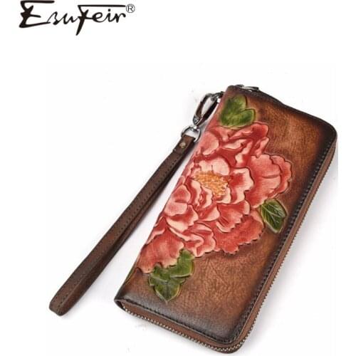 2019 New Genuine Leather Embossed Ladies Wallet Vintage Flower Multi-card Long Wallet Designer Brand Casual Lady Clutch