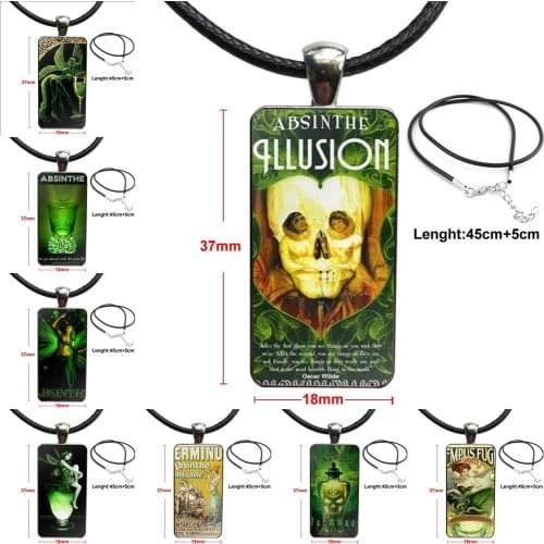 Glass Cabochon Pendant Necklace Rectangle Fashion Necklace For Women Wedding Gift Absinthe The Green Fairy Popular Drink