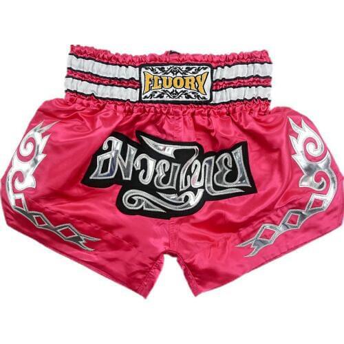 YOUTH and KIDS(girls and boys) fluory Muay Thai shorts embroidered patch kick boxing Shorts fashion color PINK for COMBAT