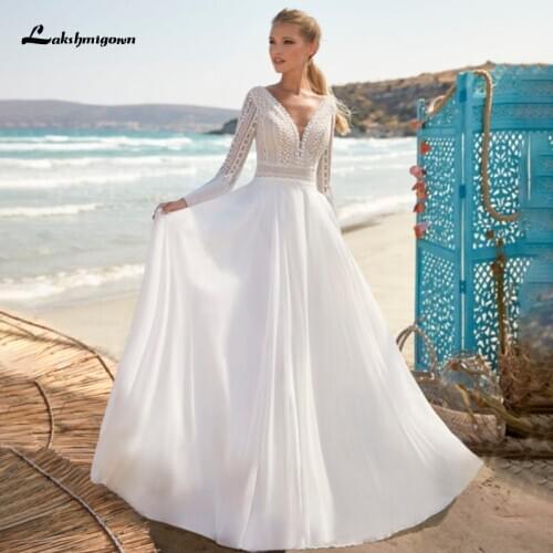 Lakshmigown Chiffon Wedding Dresses with Long Sleeve V-Neck Backless Boho A Line Bridal Gowns Custom Made vestido de novia