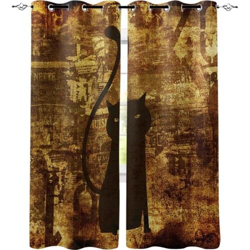 Cat Pattern On Vintage Mottled Background Window Curtains LivingRoom Kitchen Curtains Left and Right Biparting Open