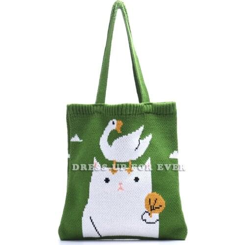 Girls Cute Cat Pattern Knitting Woolen Top-handle Tote Bag Female Korean Japanese Style Stylish Casual Soft Daily Open Handbag